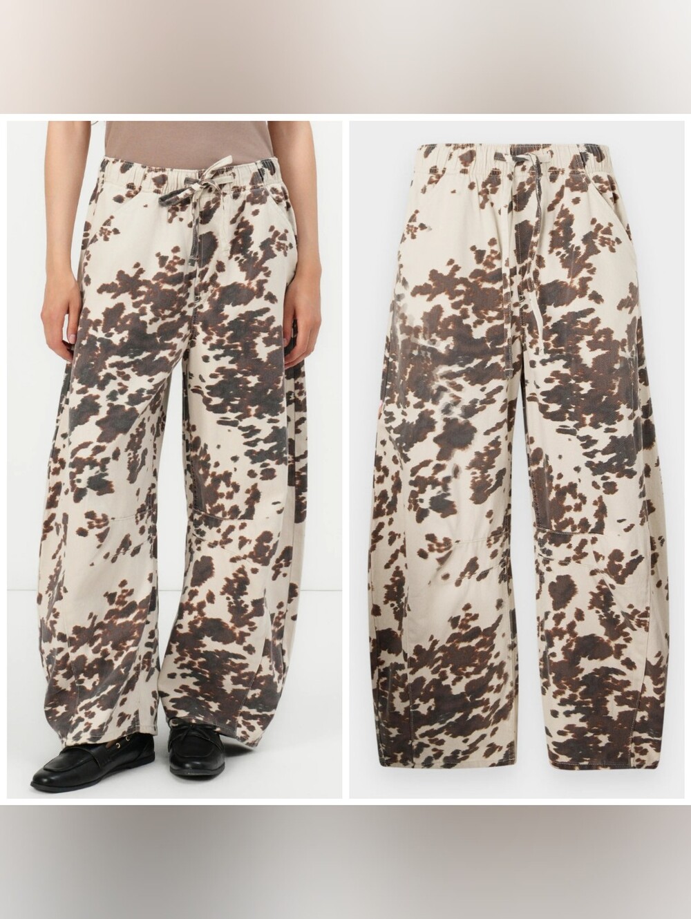 GAP Easy Horseshoe Pony Print Barrel Wide Leg Pant Brown XL Drawstring Cow Print